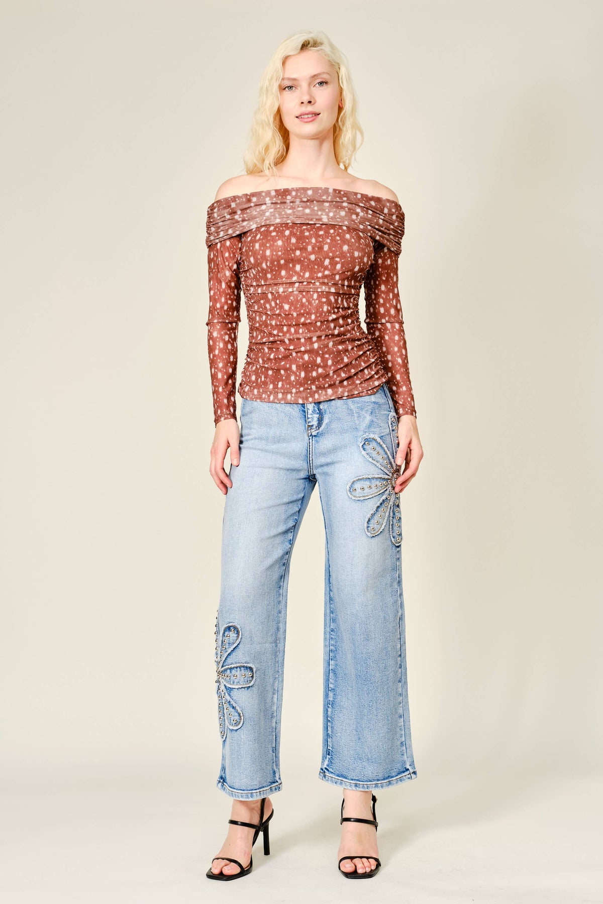 Studded Flower Patch Wide Leg Jeans