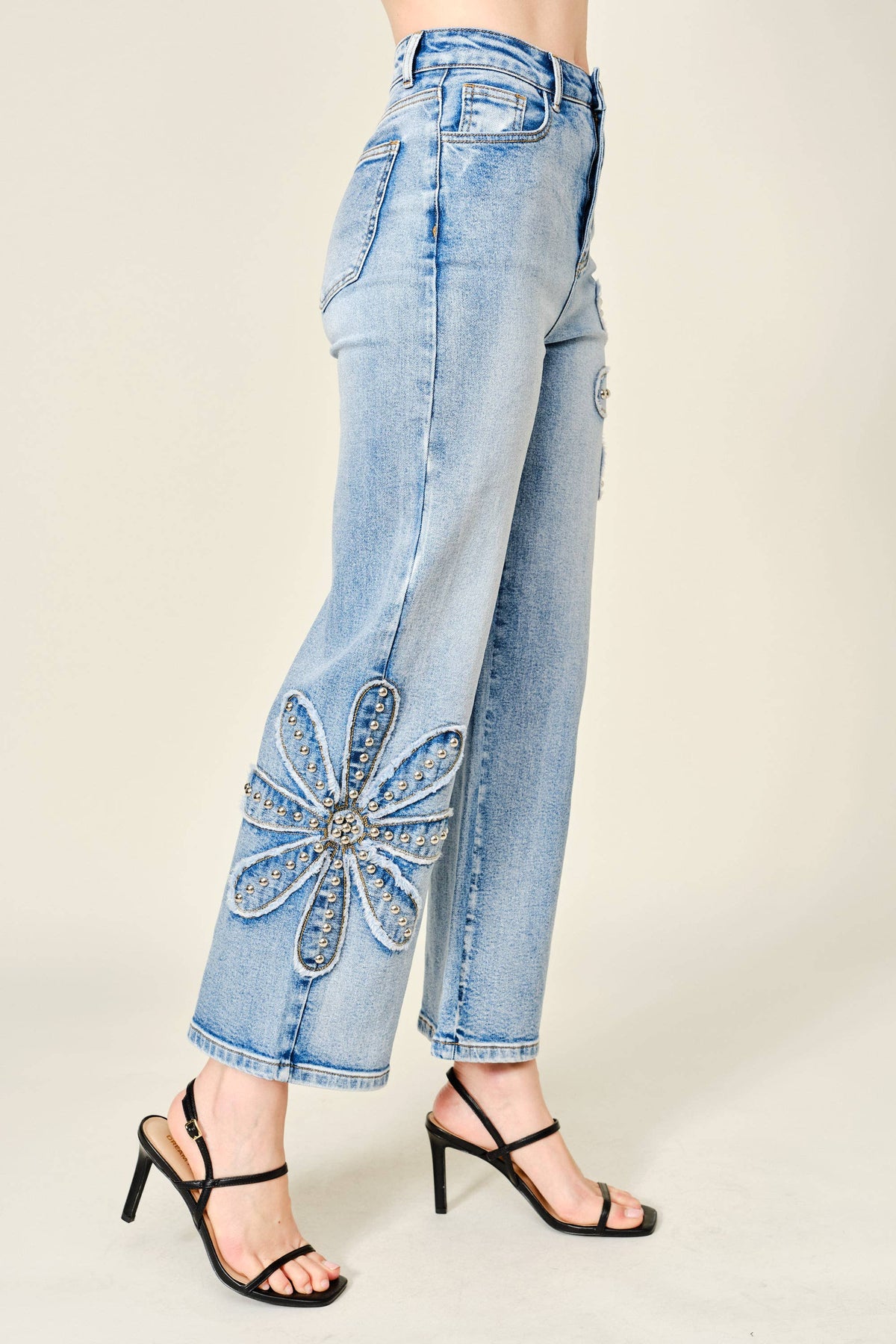 Studded Flower Patch Wide Leg Jeans