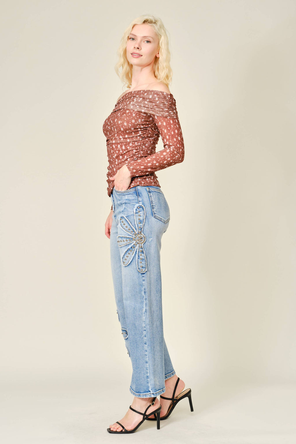 Studded Flower Patch Wide Leg Jeans