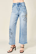 Studded Flower Patch Wide Leg Jeans
