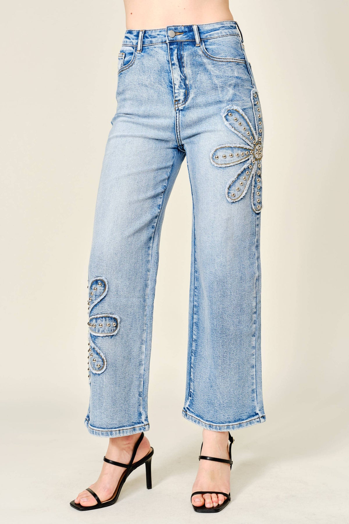 Studded Flower Patch Wide Leg Jeans