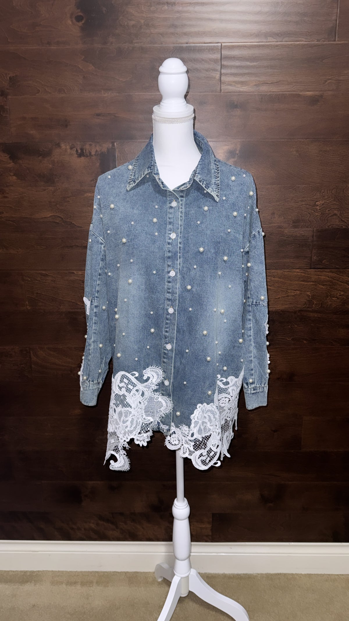 Pearl Embellished Lace Denim Blouse/Jacket (Oversized)