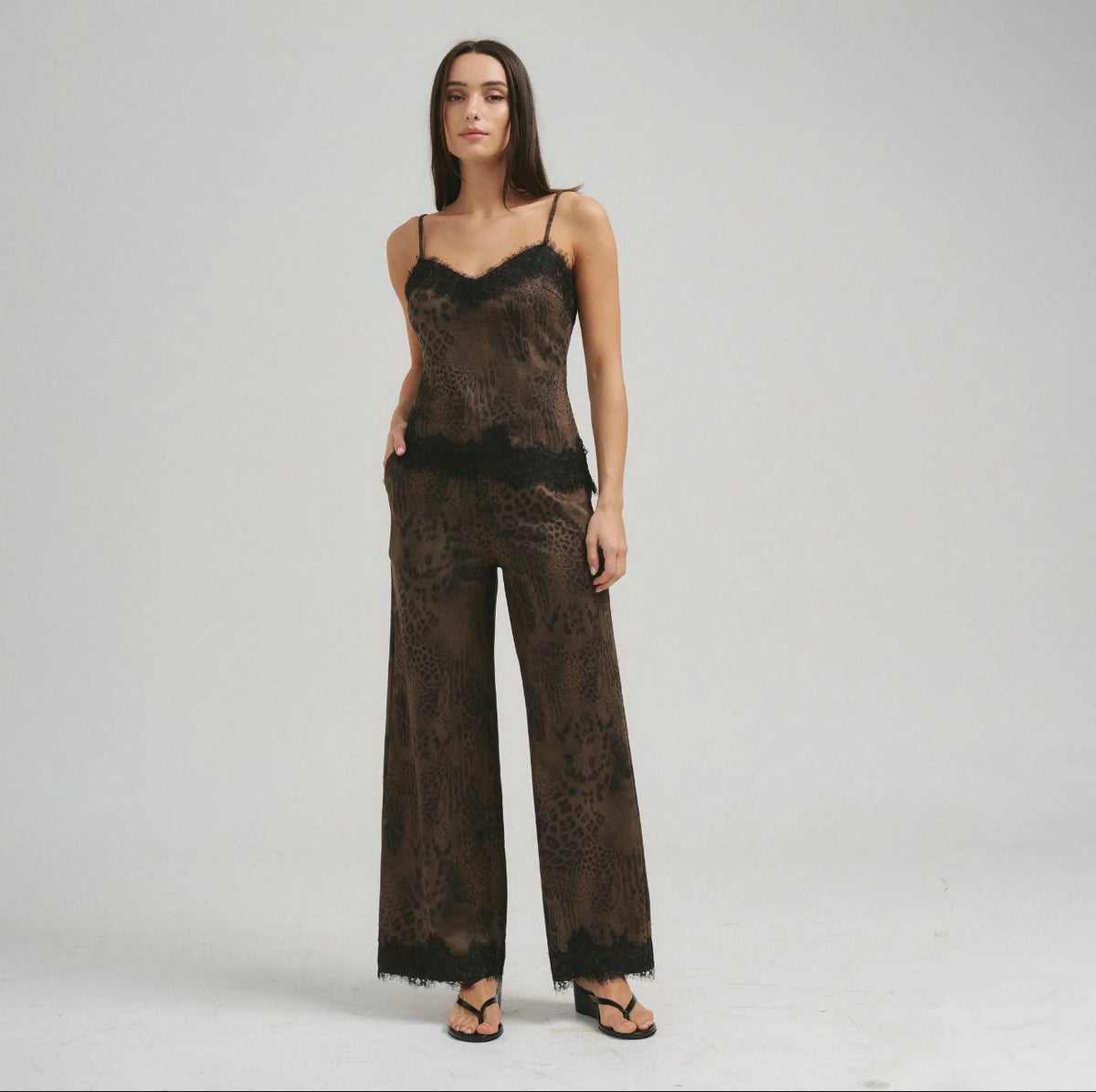 Brushed Leopard Lace Trim Cami and Pant Set