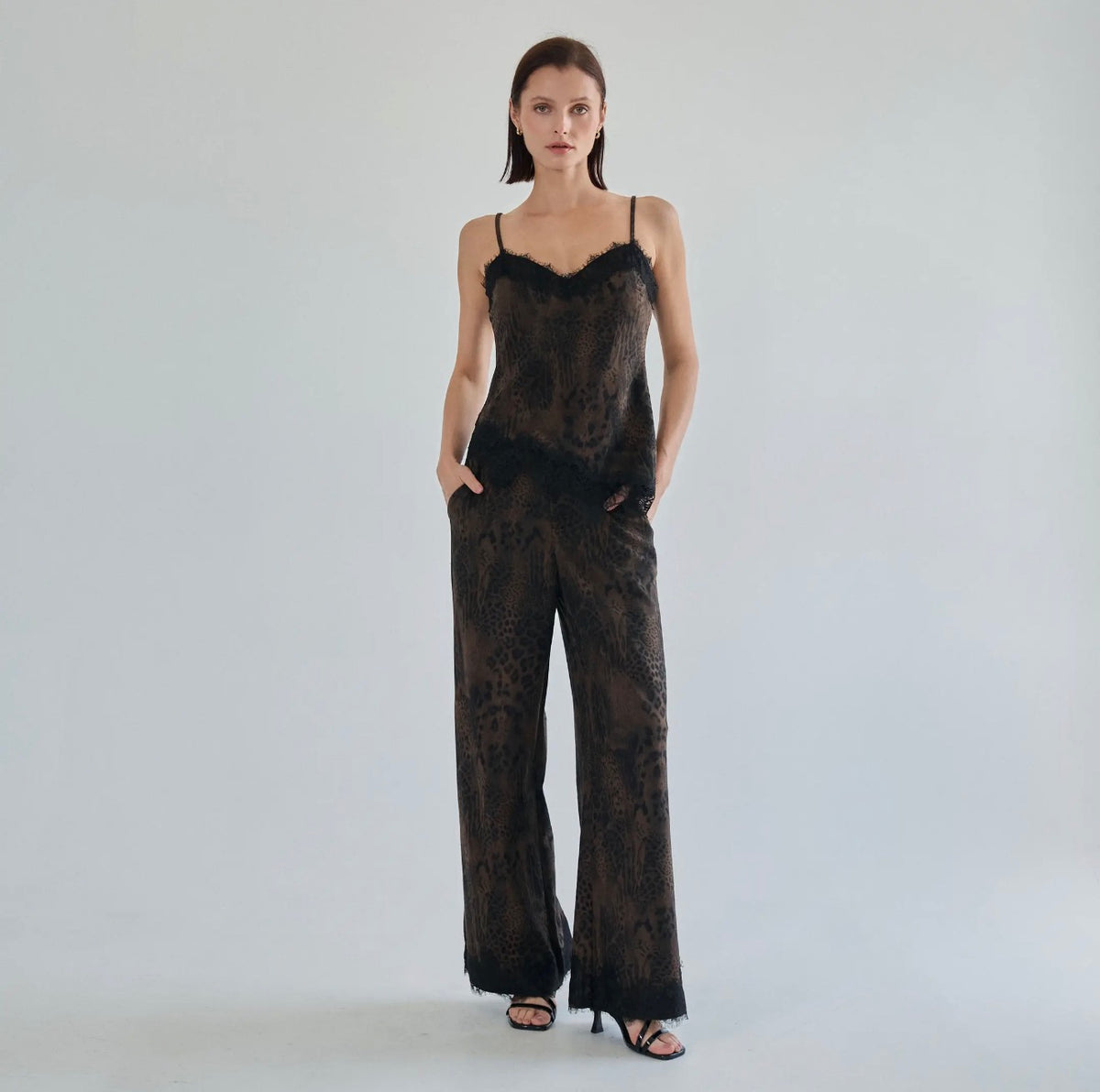 Brushed Leopard Lace Trim Cami and Pant Set