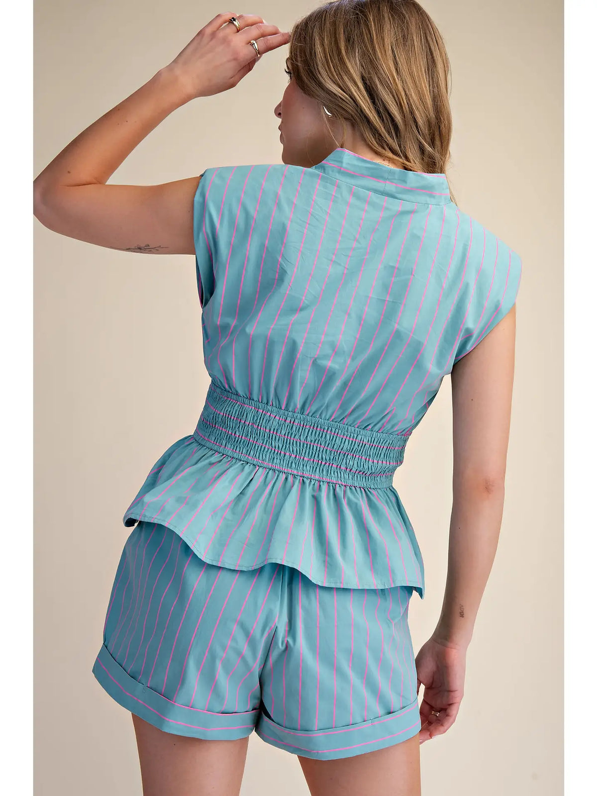 Waist Smocked Front Zip Stripe Short Set- Teal/Pink