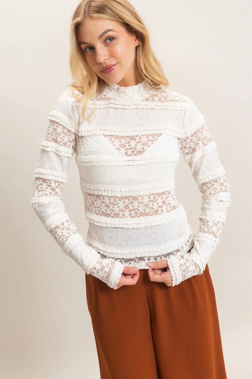 Textured Lace High Neck Top: Ivory