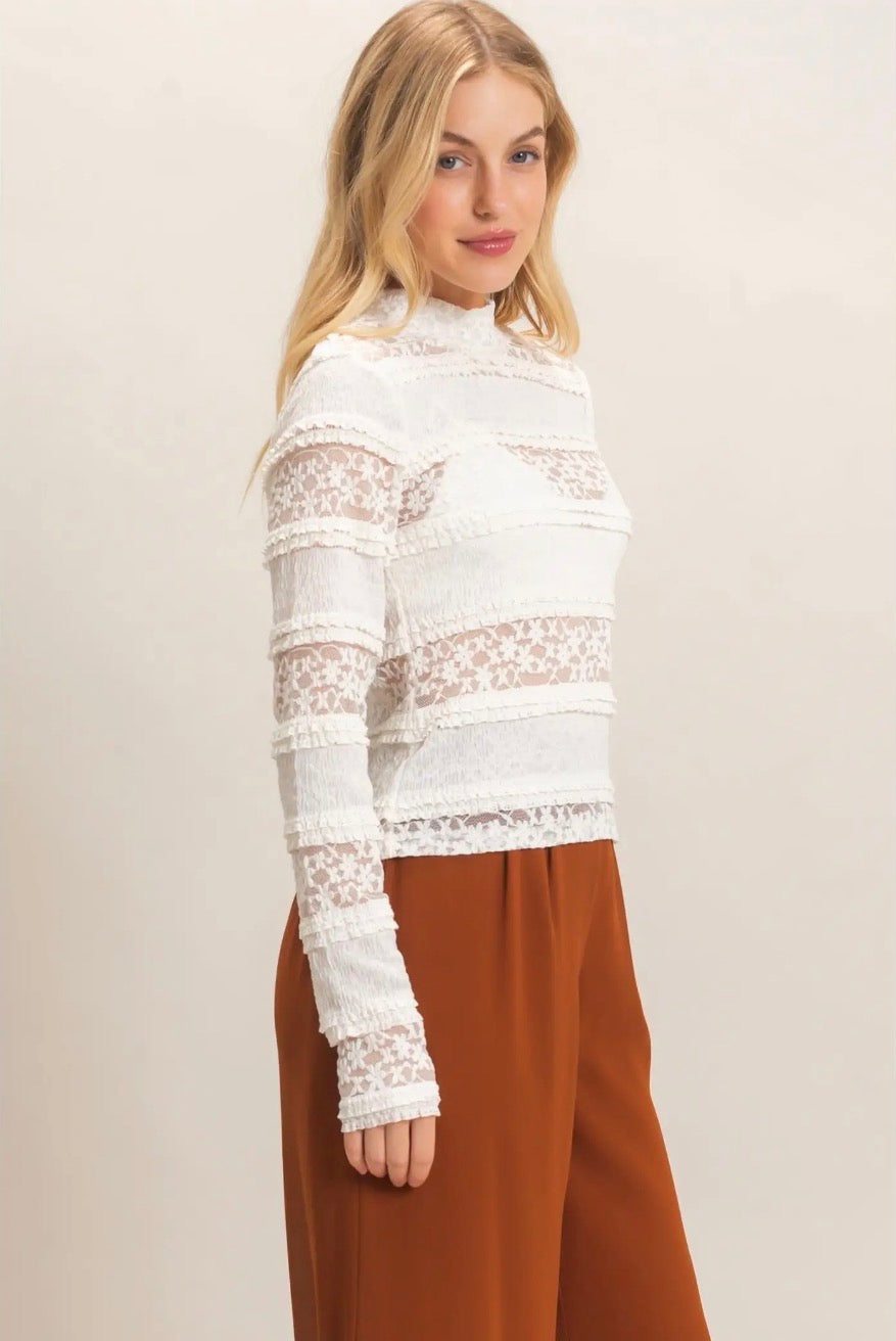 Textured Lace High Neck Top: Ivory