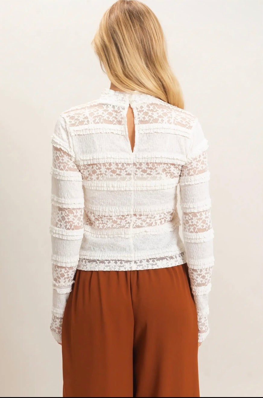 Textured Lace High Neck Top: Ivory