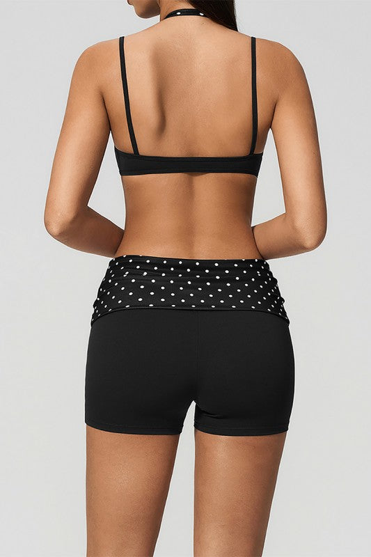 Polka Dot Pilates Set with Halter Top and Fold Over Shorts: Black