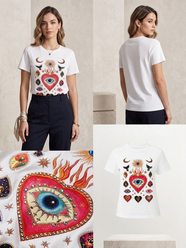 Evil Eye Heart with Sun and Moon Rhinestone T-Shirt- White